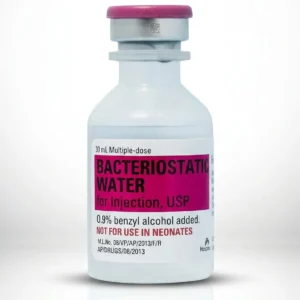 Glass vial of Hospira Bacteriostatic Water utilized as a reconstitution solution for laboratory research.