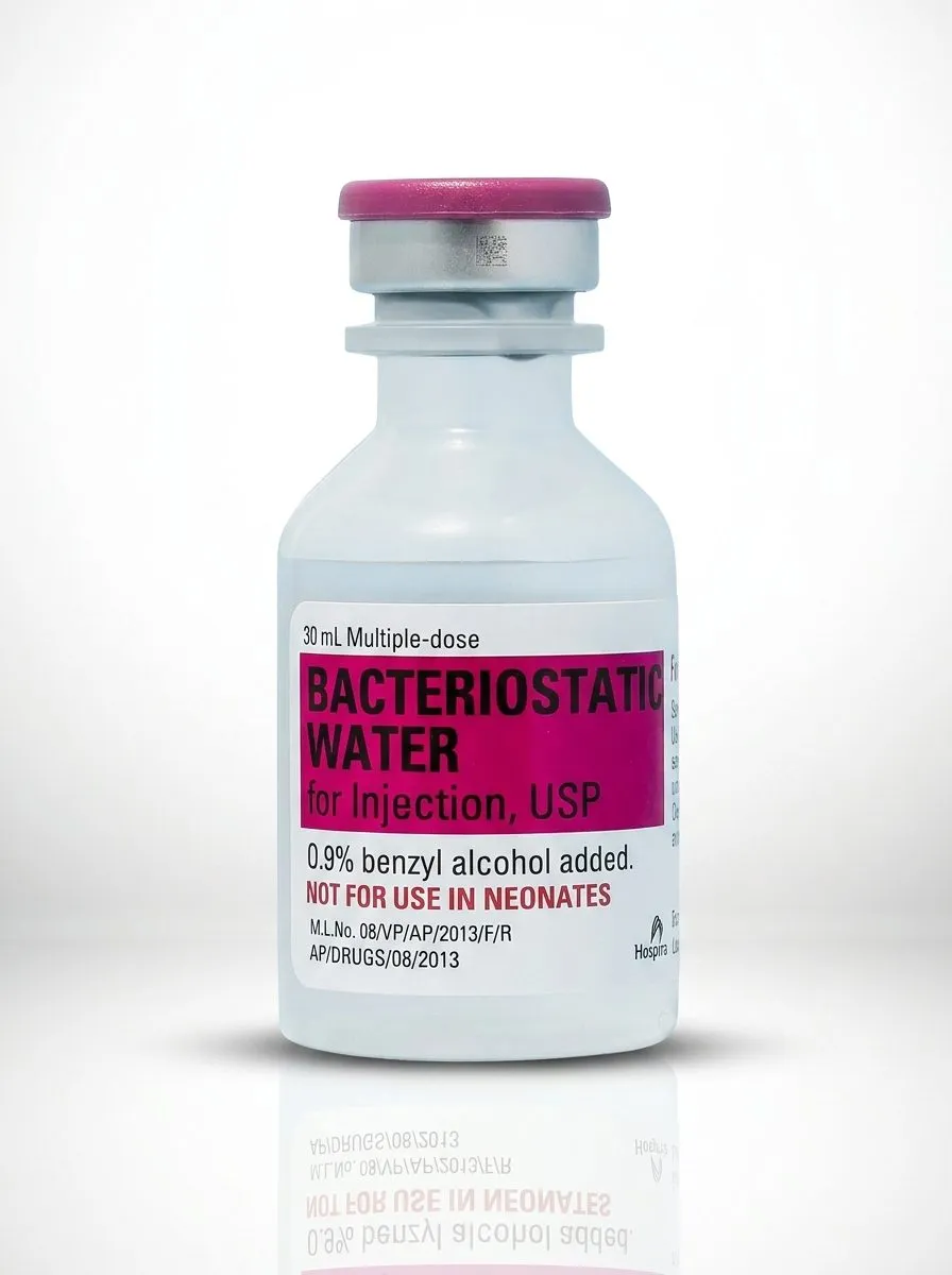 Glass vial of Hospira Bacteriostatic Water utilized as a reconstitution solution for laboratory research.