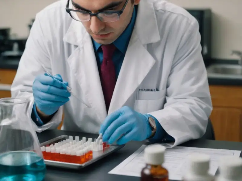 Laboratory scientist performing analytical purity testing on research compounds