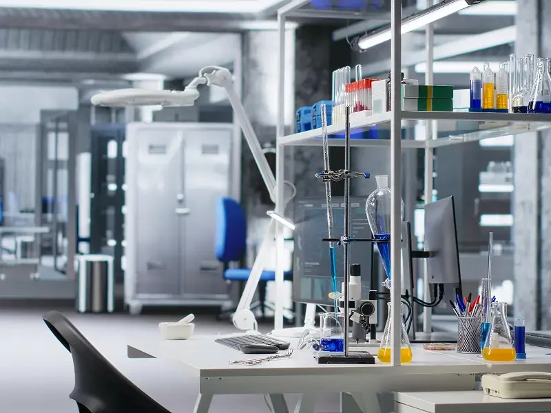 Sterilized laboratory workspace prepared for handling and measuring research compounds.