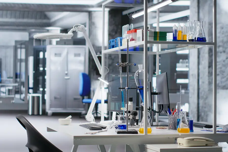 Sterilized laboratory workspace prepared for handling and measuring research compounds.