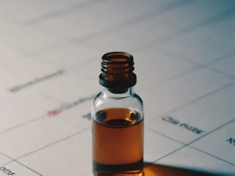 Amber laboratory vial resting on a lot-specific Certificate of Analysis document.