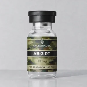 Glass vial of Ancestral Bio AB-3 RT on a grey surface