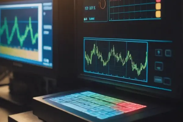 Dark-themed analytical data monitor displaying purity readouts for laboratory research.